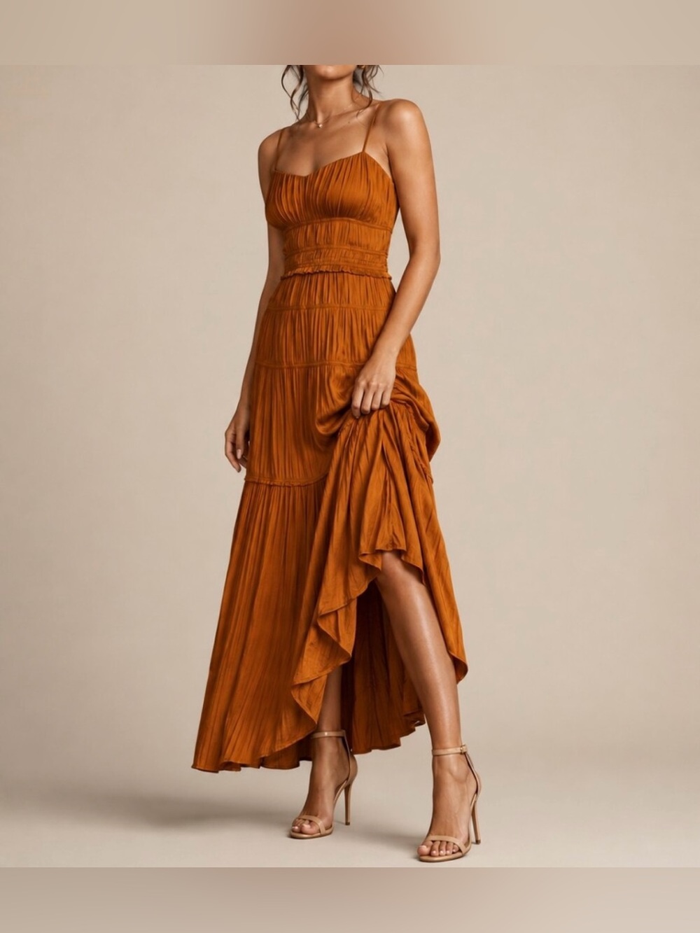 Anthropologie Rust Pleated and Ruched Tiered Maxi Dress - Size 2